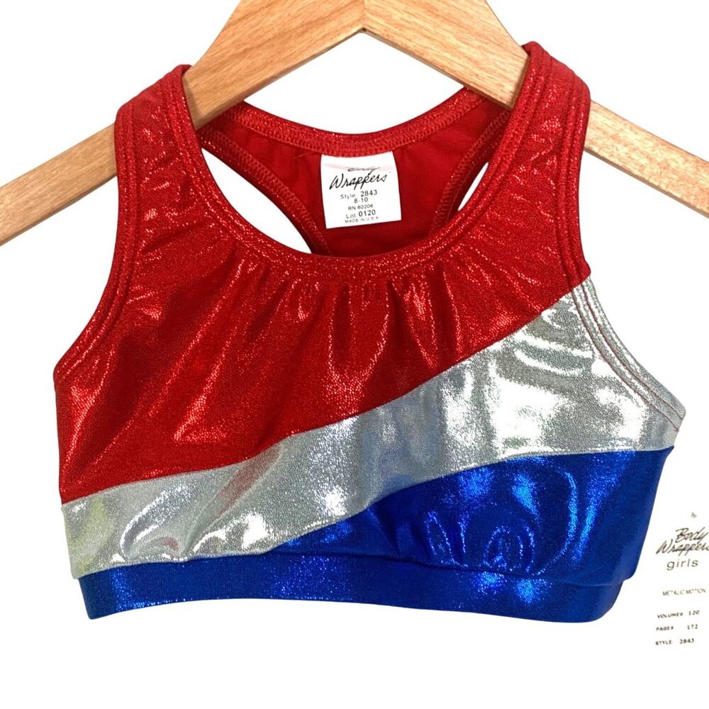 Body Wrappers Girls Cheer Dance Red Silver Blue Metallic Racerback Top L 8-10